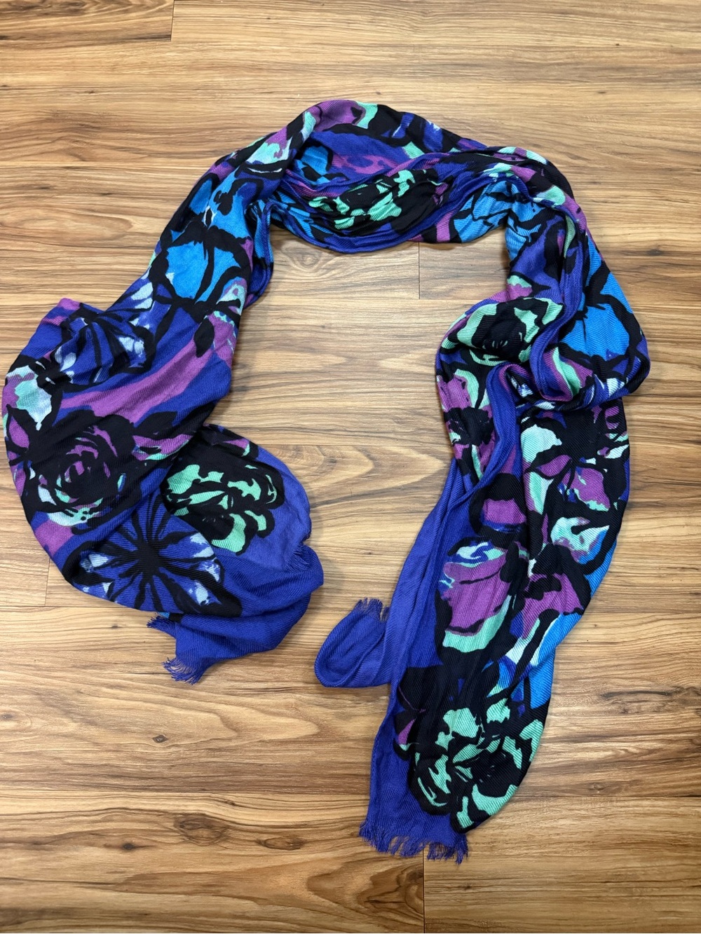 Vibrant Floral Print Blue & Purple Lightweight Scarf/Sarong -19 x80”